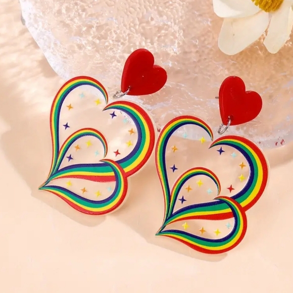 Rainbow Hearts Acrylic Earrings - Picture 1 of 3